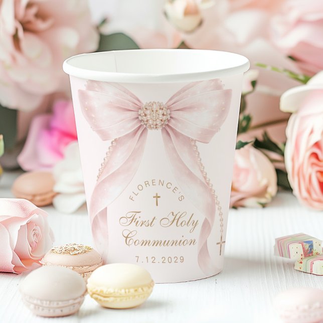 Blush Pink Bow First Holy Communion Coquette Paper Cups (Creator Uploaded)