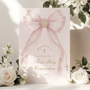 Blush pink Bow First Holy Communion Welcome Poster