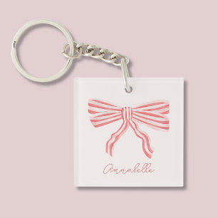 Blush Pink Bow & first name Key Ring