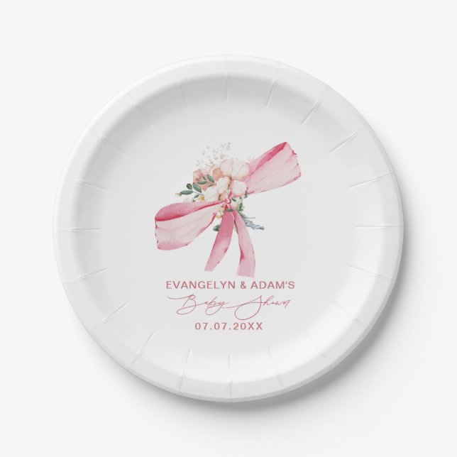 Blush Pink Bow Floral Baby Shower  Paper Plate (Front)