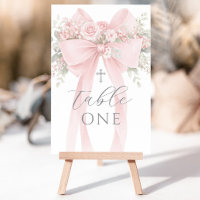 Blush Pink Bow Floral Baptism Table Number