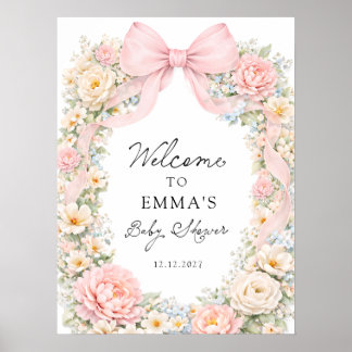 Blush Pink Bow Floral Coquette Baby Shower Welcome Poster