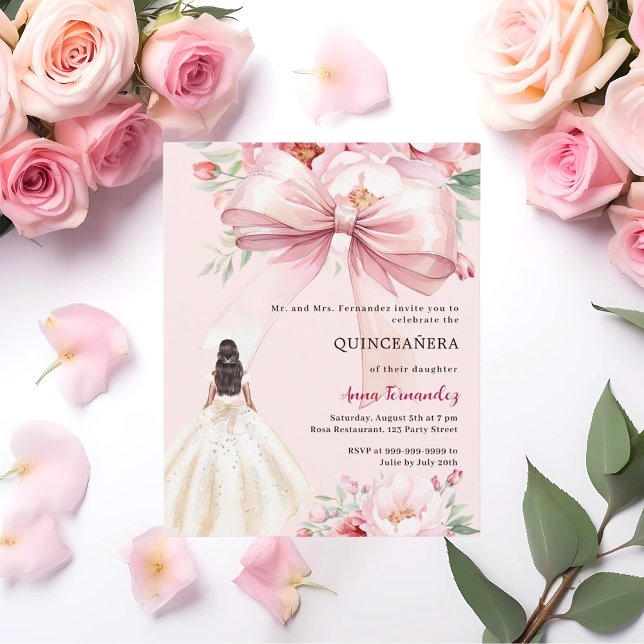 Blush pink bow floral dress Quinceanera invitation (Creator Uploaded)