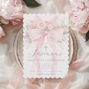 Blush Pink Bow Floral First Holy Communion Invitation