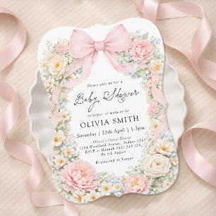 Blush Pink Bow Floral Girl Baby Shower Invitation