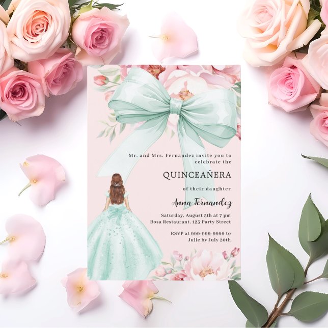 Blush pink bow floral sage green dress Quinceanera Invitation (Creator Uploaded)