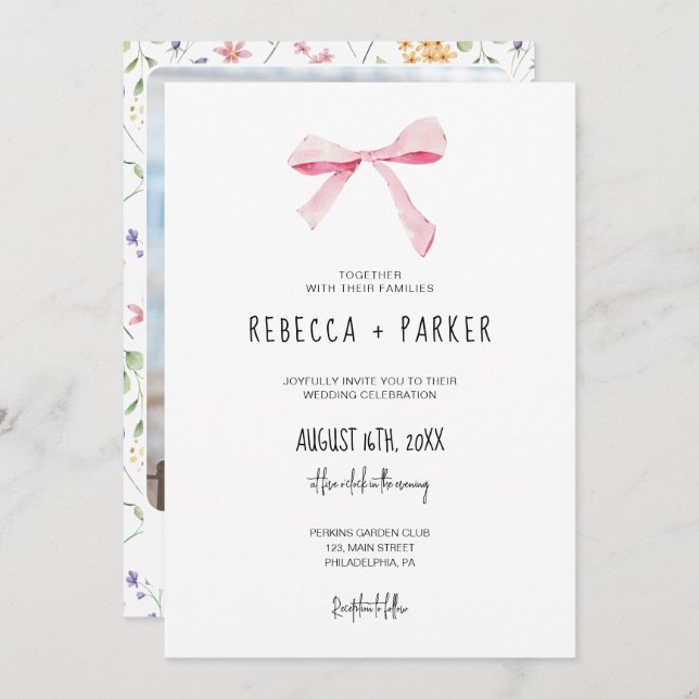 Blush pink Bow floral wedding photo and Qr code Invitation (Front/Back)