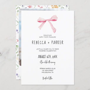 Blush pink Bow floral wedding photo and Qr code Invitation