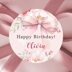 Blush pink bow florals birthday classic round sticker