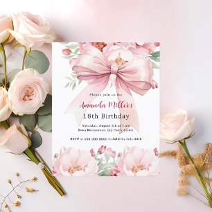 Blush pink bow florals birthday invitation