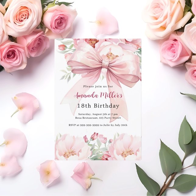 Blush pink bow florals birthday invitation (Creator Uploaded)
