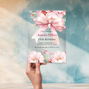 Blush pink bow florals clear birthday acrylic invitations