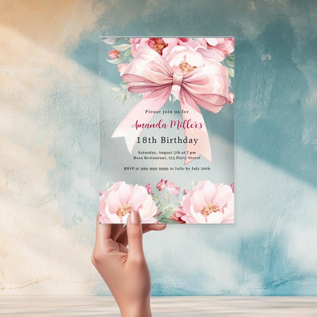 Blush pink bow florals clear birthday acrylic invitations (Creator Uploaded)