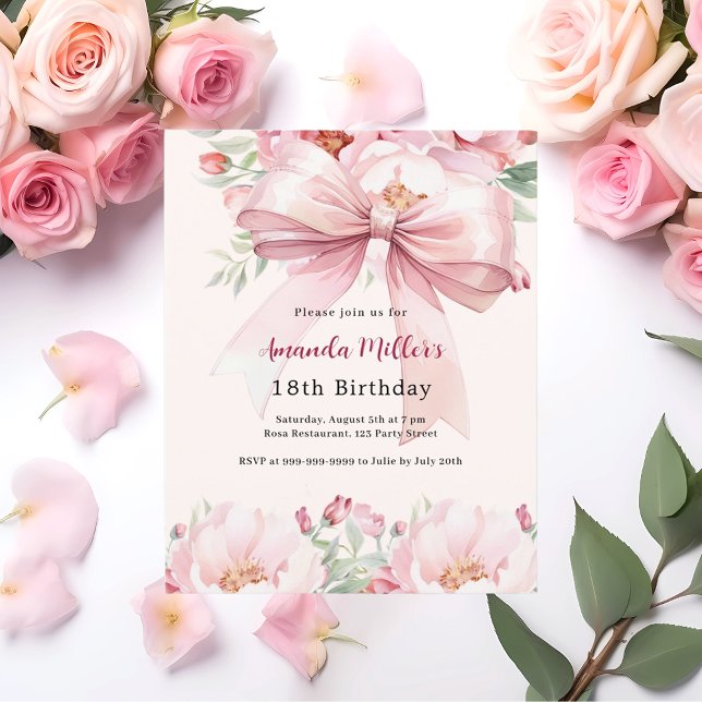 Blush pink bow florals cream birthday invitation (Creator Uploaded)