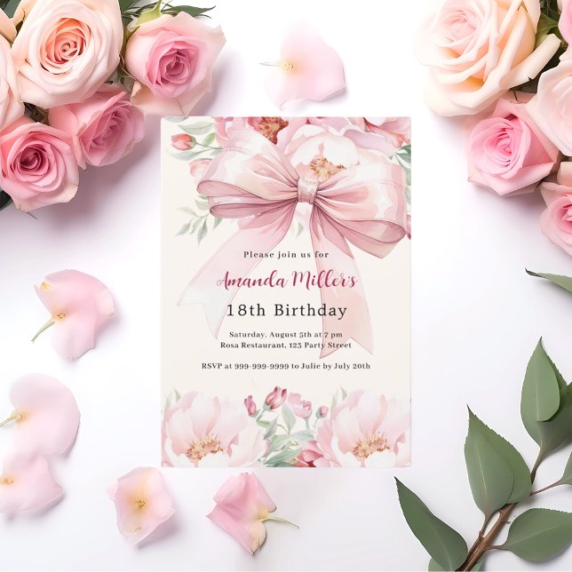Blush pink bow florals cream birthday invitation (Creator Uploaded)