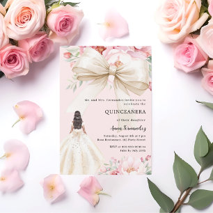 Blush pink bow florals cream dress Quinceanera Invitation