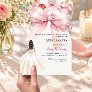 Blush pink bow florals dress Quinceanera arch Acrylic Invitations