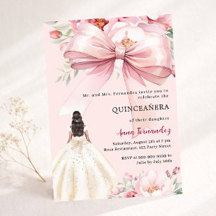Blush pink bow florals dress Quinceanera Invitation