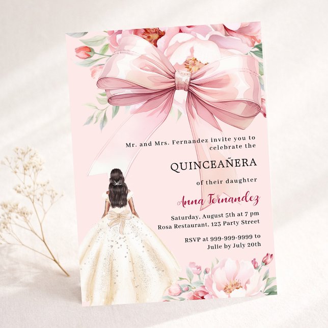 Blush pink bow florals dress Quinceanera Invitation (Creator Uploaded)