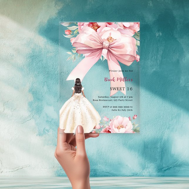 Blush pink bow florals dress Sweet 16 clear Acrylic Invitations (Creator Uploaded)