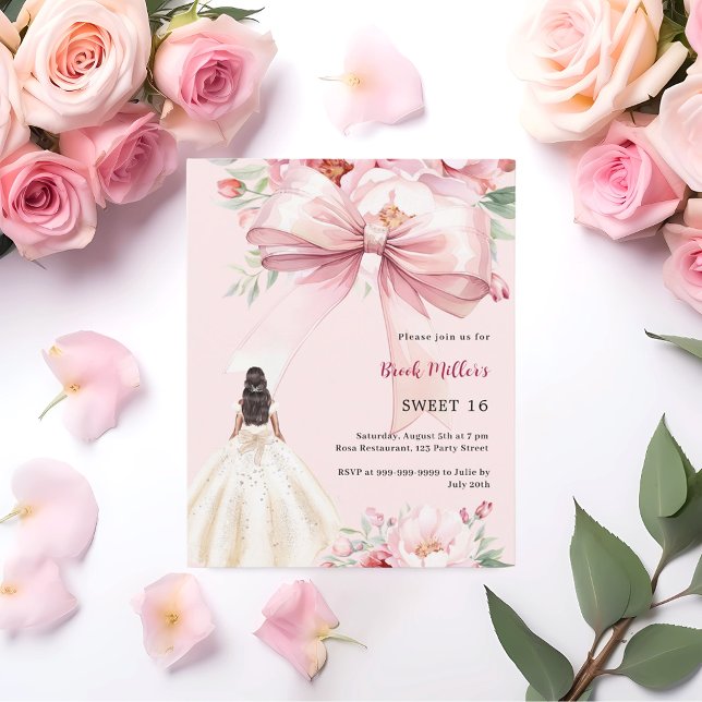 Blush pink bow florals dress Sweet 16 invitation (Creator Uploaded)
