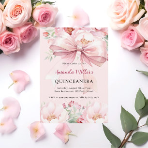 Blush pink bow florals Quinceanera Invitation