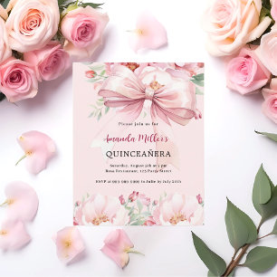 Blush pink bow florals Quinceanera invitation