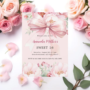 Blush pink bow florals Sweet 16 Invitation