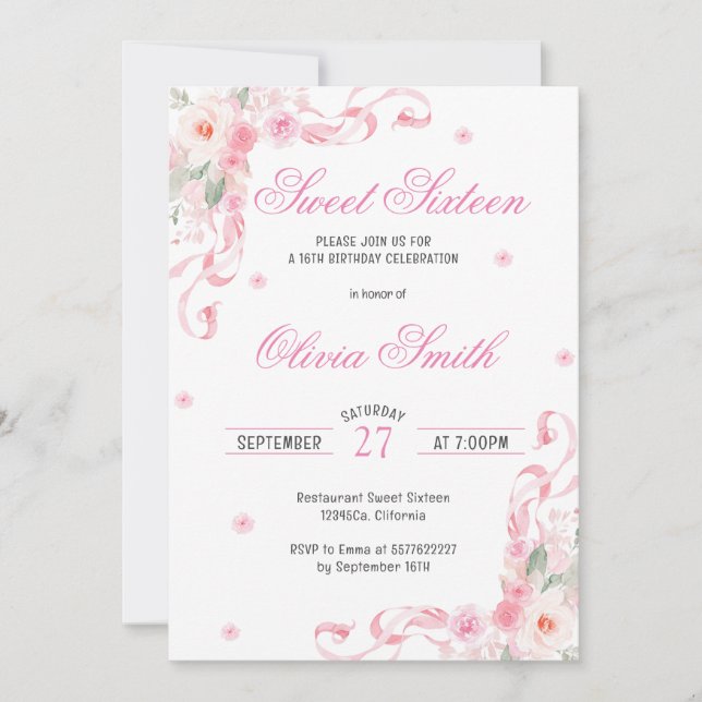 Blush Pink Bow Flowers Sweet Sixteen Birthday Invitation (Front)