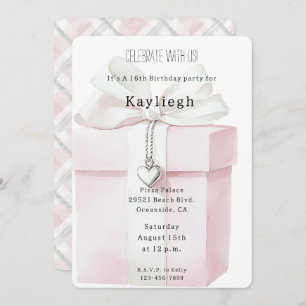 Blush Pink Bow Gift Heart Charm Birthday Invitation