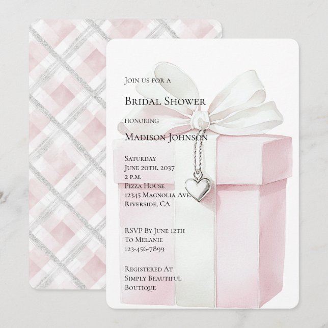 Blush Pink Bow Gift Heart Charm Bridal Shower Invitation (Front/Back)