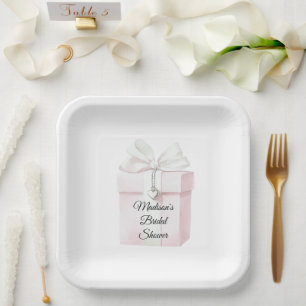 Blush Pink Bow Gift Heart Charm Bridal Shower Paper Plate