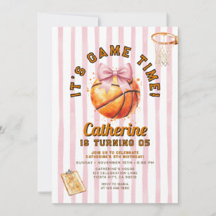 Blush Pink Bow Girl Basketball Game Time Birthday Invitation