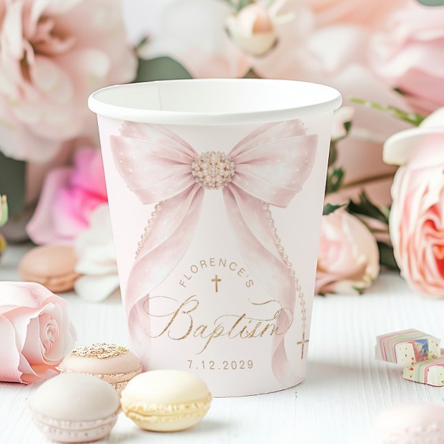 Blush Pink Bow Gold Cross Baptism Paper Cups (Creator Uploaded)