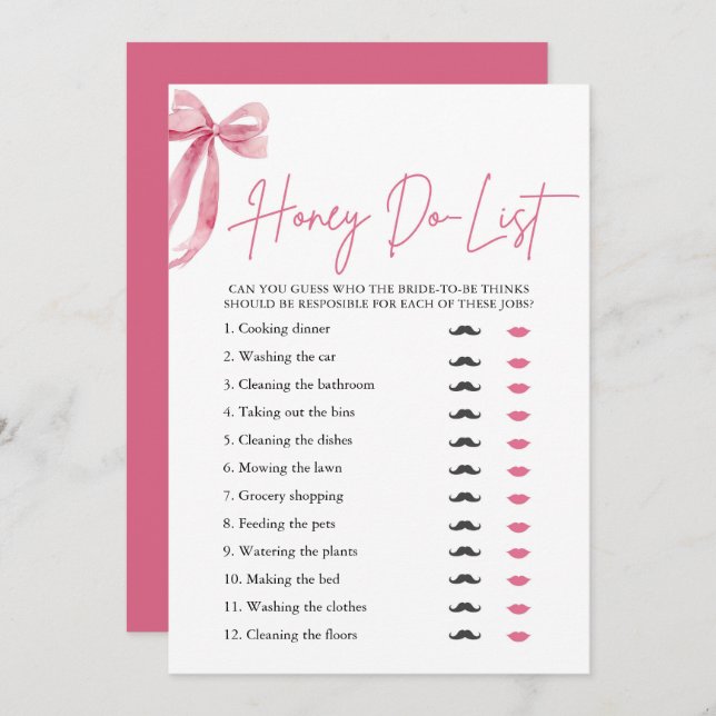 Blush Pink Bow Honey Do List Bridal Shower Game Invitation (Front/Back)