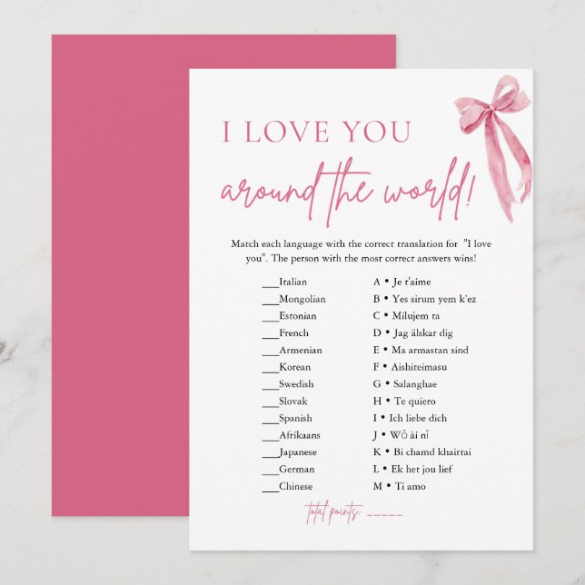 Blush Pink Bow I Love You Around the World Game Invitation (Front/Back)
