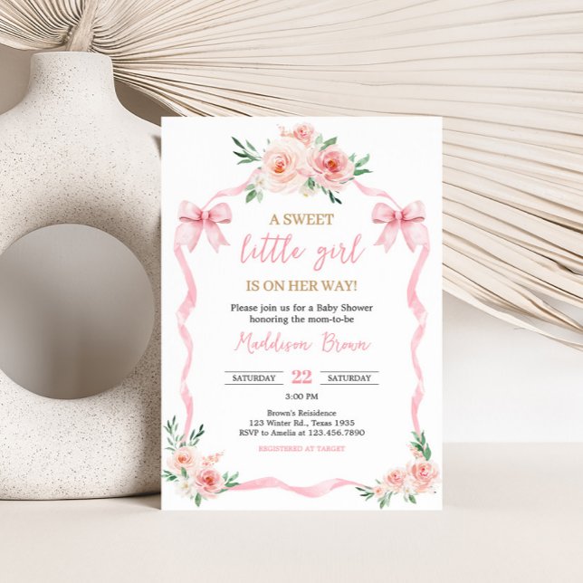 Blush Pink Bow Little Girl Baby Shower Invitation (Pink Floral Bow Little Girl Baby Shower Invitation)