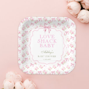 Blush Pink Bow Love Shack Baby Shower Paper Plate