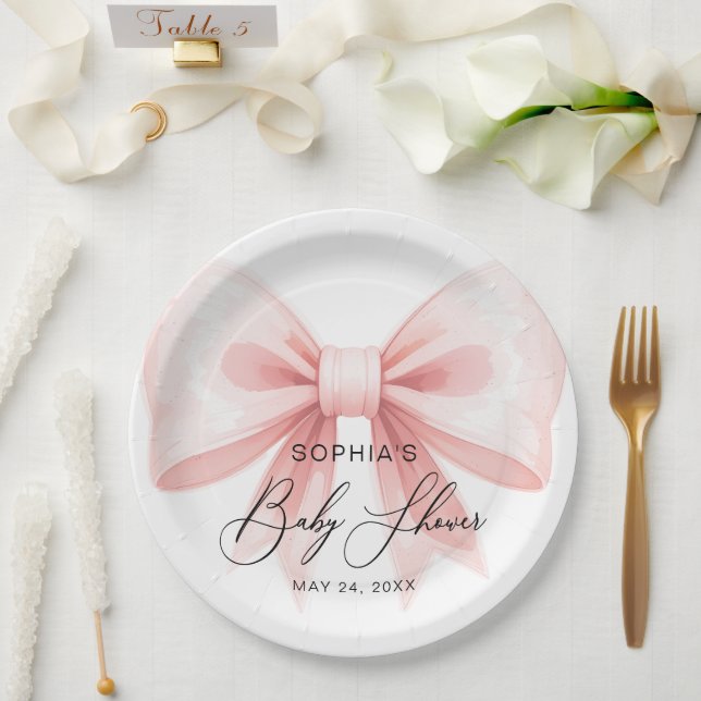 Blush Pink Bow Modern Baby Shower  Paper Plate (Wedding)
