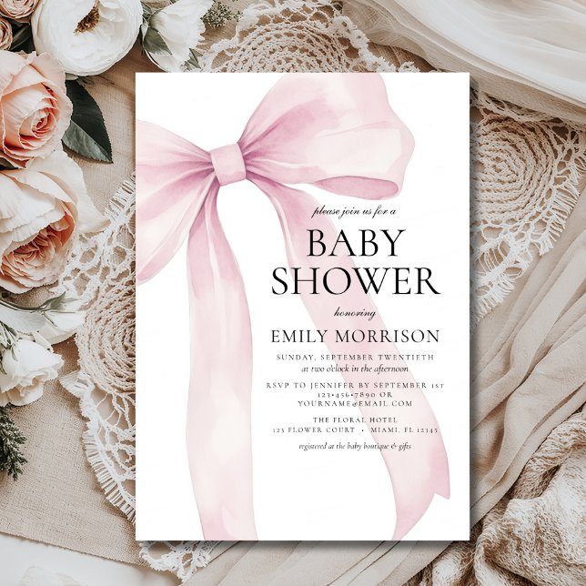 Blush Pink Bow Modern Girl Baby Shower Invitation (Creator Uploaded)