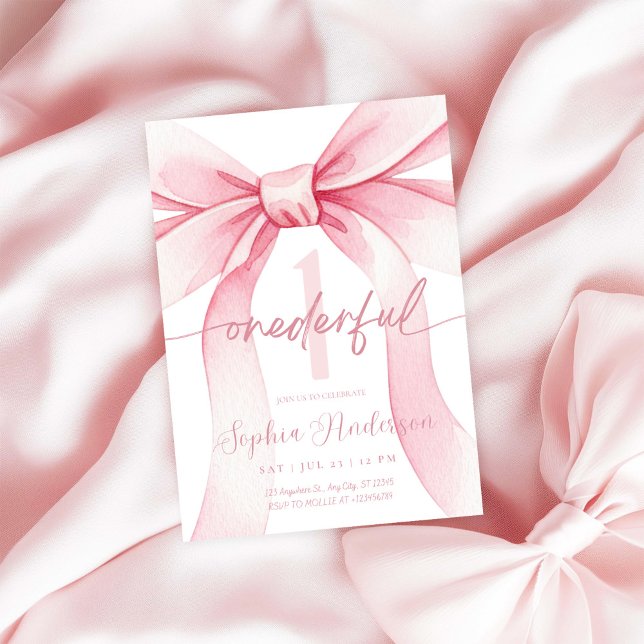Blush Pink Bow Onederful 1st Birthday Invitation (Creator Uploaded)