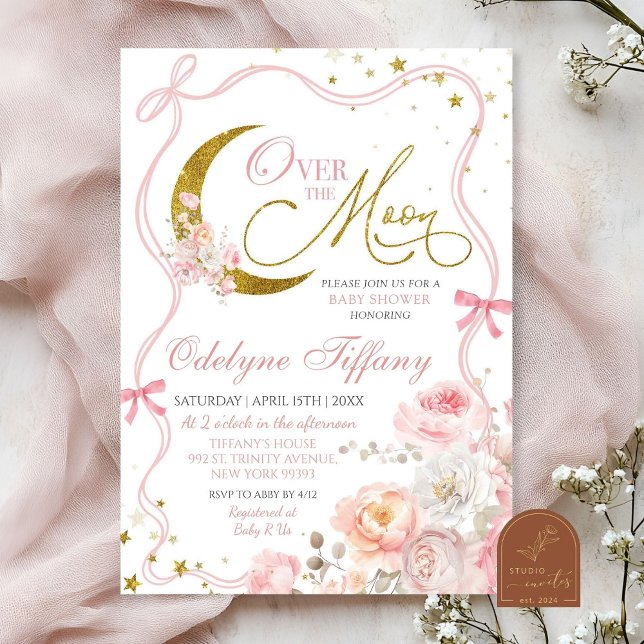 Blush Pink Bow Over The Moon Girl Baby Shower Invitation (Creator Uploaded)