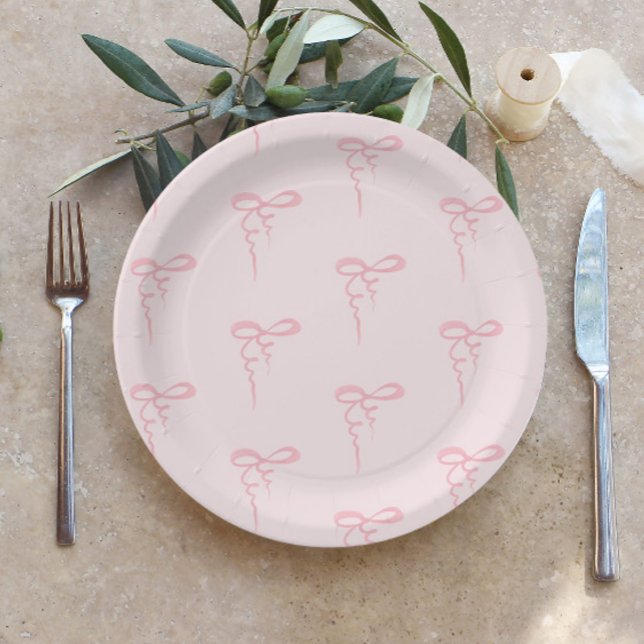 Blush pink bow pattern minimalist girl baby shower paper plate (Creator Uploaded)