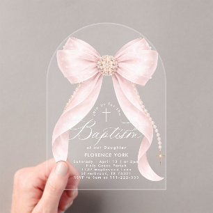 Blush Pink Bow Pearls Baby Girl Baptism Religious Acrylic Invitations