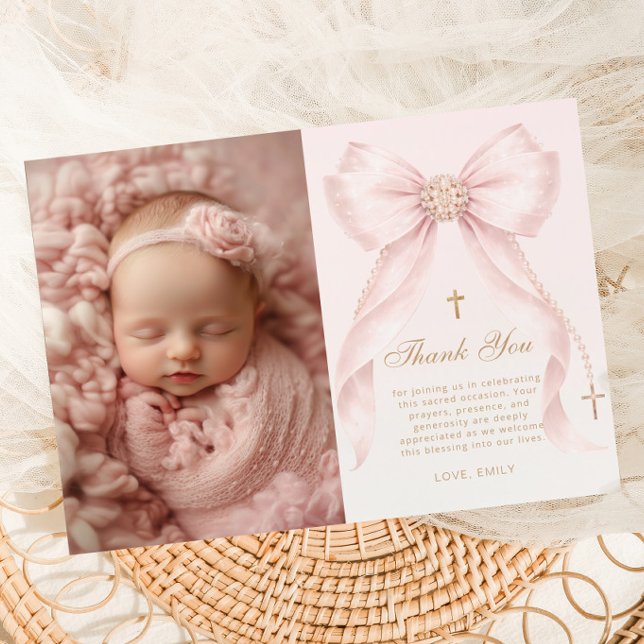 Blush Pink Bow Photo Baptism Thank you Card (Creator Uploaded)