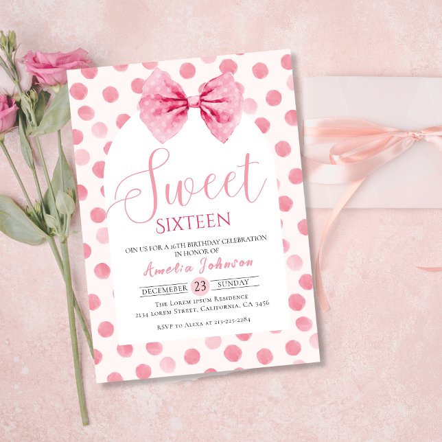 Blush Pink Bow polka dots Sweet sixteen birthday Invitation (Creator Uploaded)