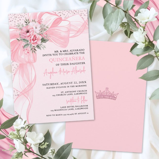 Blush Pink Bow Quinceanera Invitation (Blush Pink Bow Quinceanera Invitation)