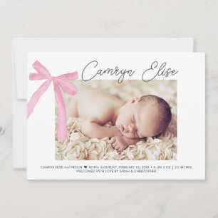 Blush Pink Bow Ribbon Baby Girl Signature & Photo  Thank You Card