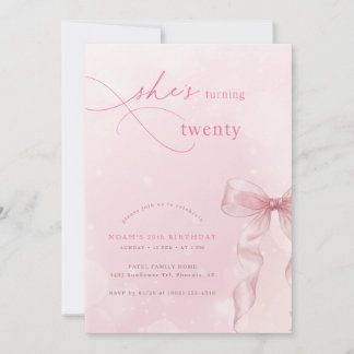 Blush Pink Bow Ribbon Girls 20th Birthday Party Invitation