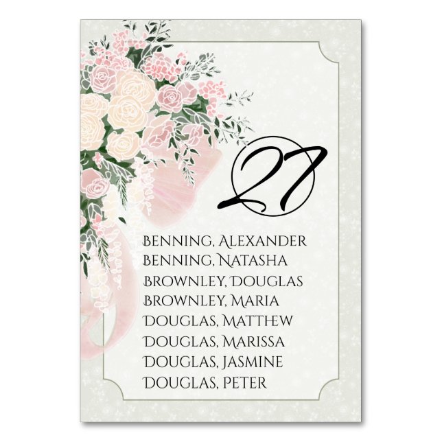 Blush Pink Bow Rose Wisteria Cascading Bouquet Table Number (Front)